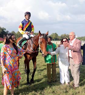Ms Anoosha Meyers, Ms Anita J Captain and K N Dhunjibhoy leading in Duke of Tuscany (Trevor Patel up), winner of RWITC Ltd Trophy at Pune on Sunday.